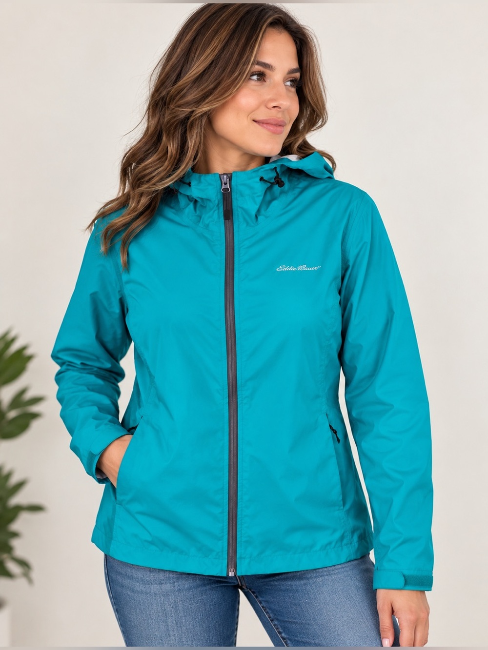 Eddie Bauer Women’s XS Teal Hooded Rain Jacket Ventilated Nylon Full Zip